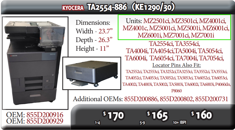 Price sheet showing compatible Kyocera A3 models supported by Quick Quality Cabinets’ universal copier stand MZ4001i, MZ5001i, 855D200916